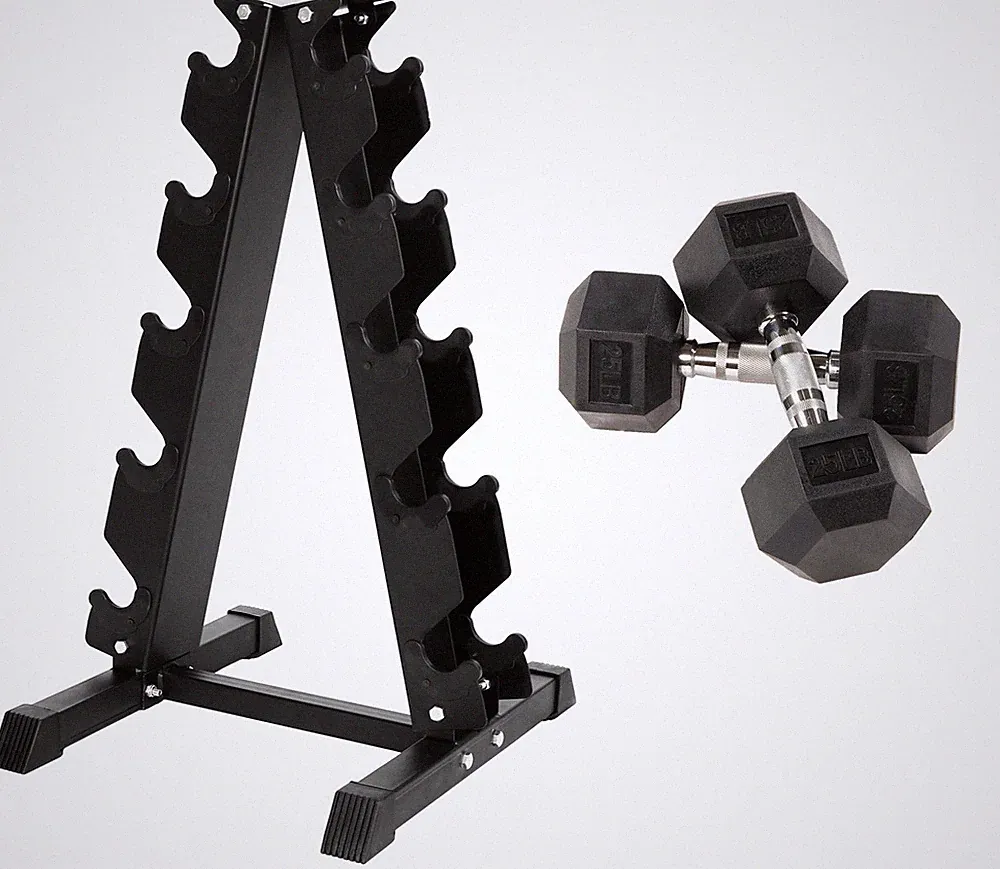 Fitvids Rubber Encased Hex Dumbbell, 25LB Pair with A-Frame Rack