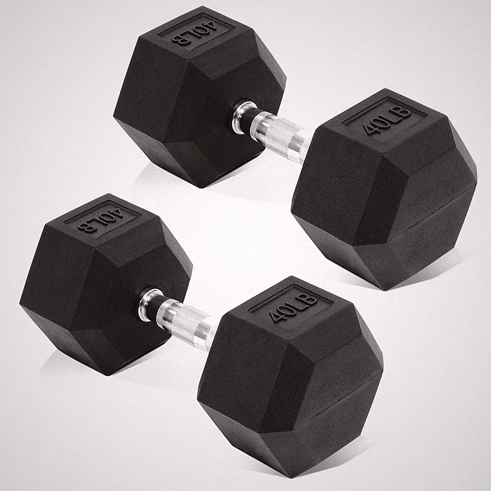 Fitvids Rubber Encased Hex Dumbbell 40 LB Pair Cast Iron Grip