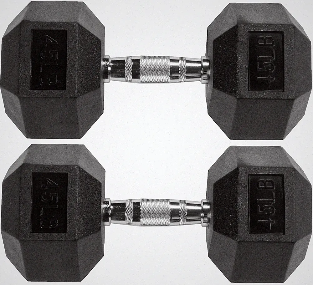 Fitvids Rubber Encased Hex Dumbbell – 45LB – 45LB Pair – Black