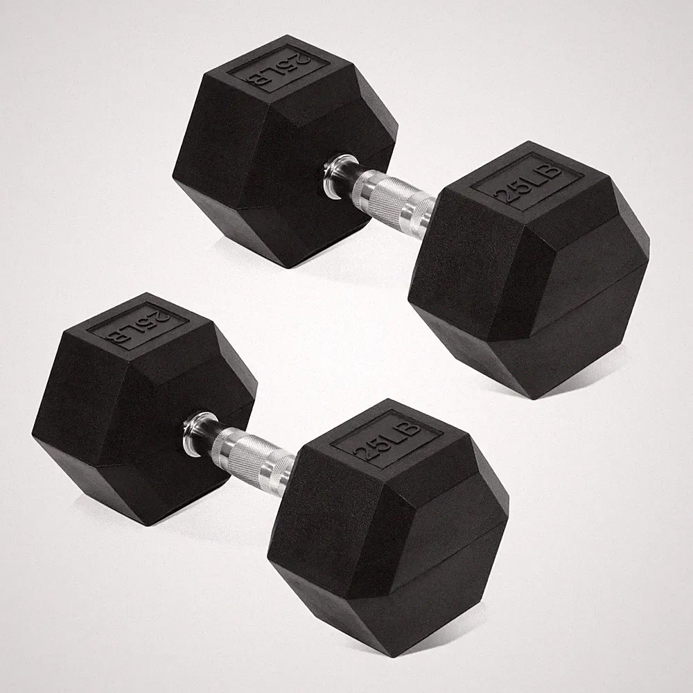 Fitvids Rubber Encased Hex Dumbbell, Hand Weights Set of 2 25LBS Pair, Black