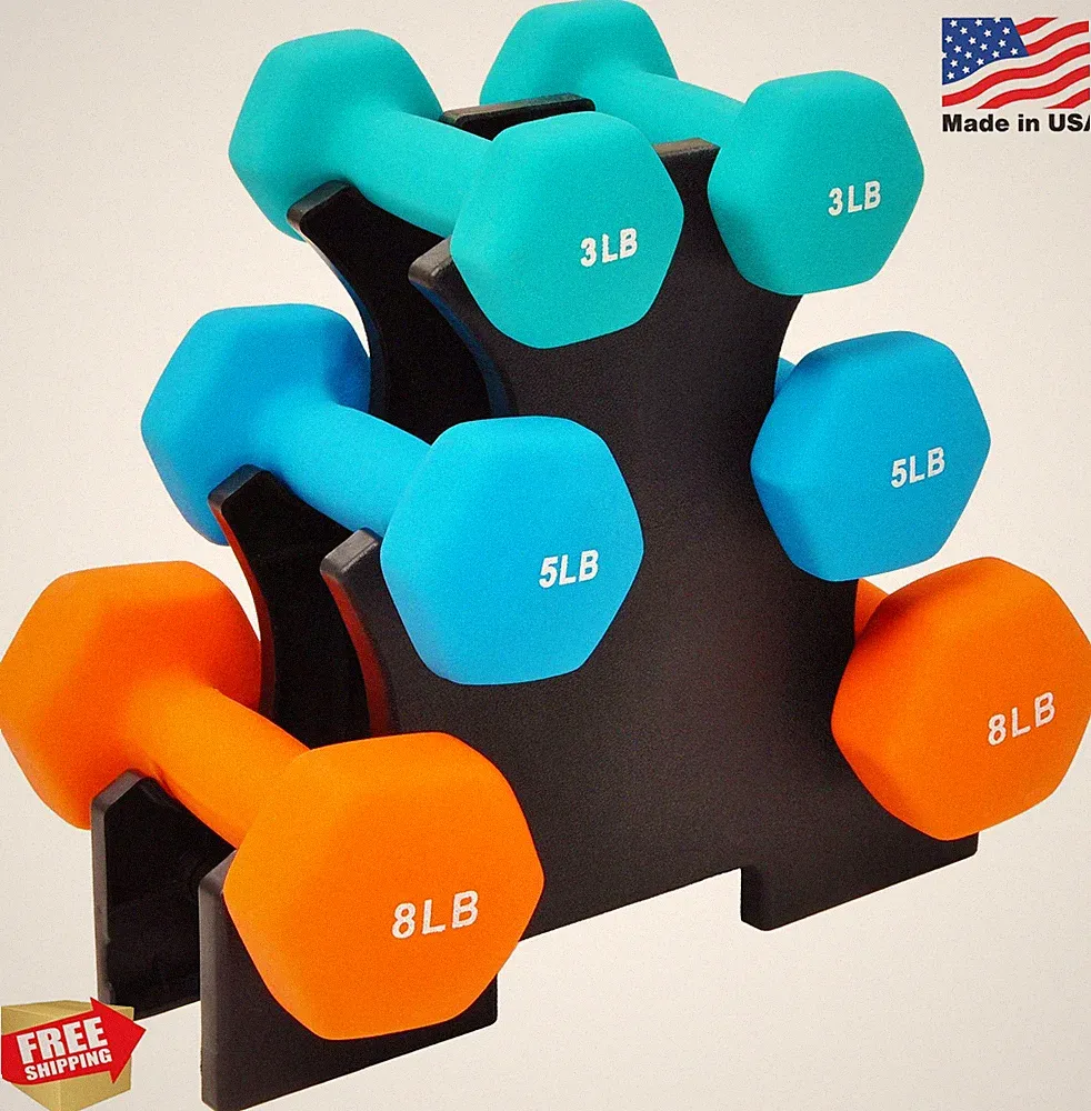 Fitvids Set of 6 Neoprene Dumbbell Hand Weights, Set with Rack: 3/5/8 Pairs