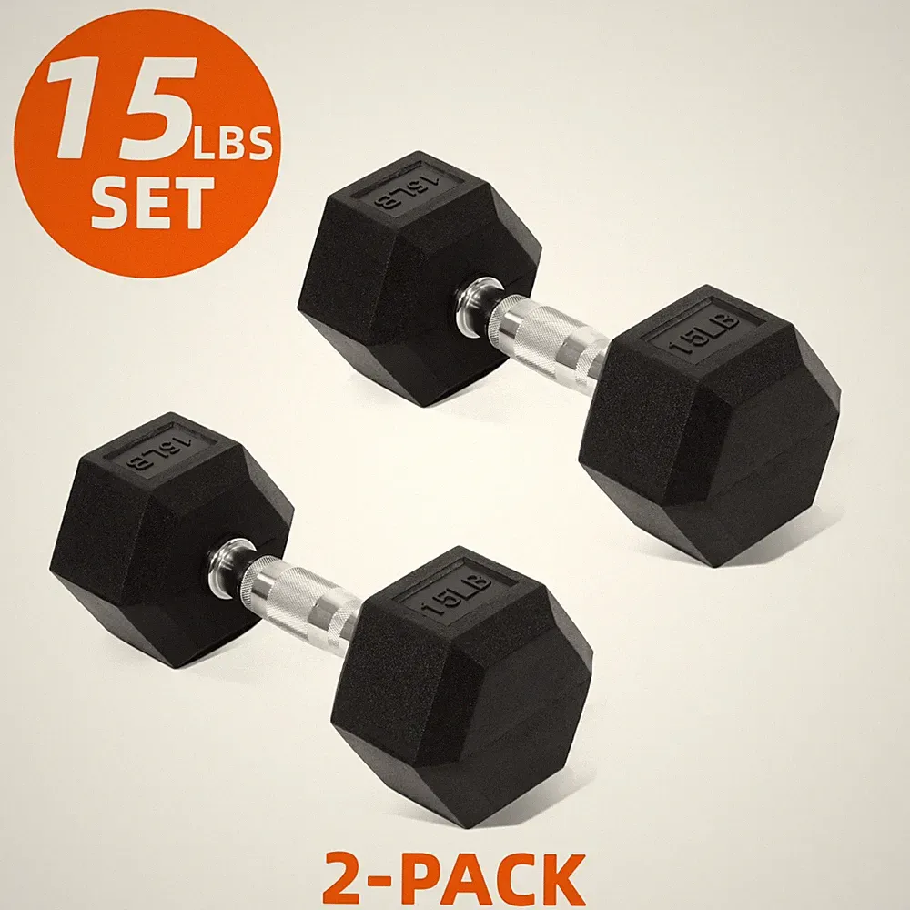 FlexWave Rubber Encased Hex Dumbbell a pair of 15LB, Black, Durable Non-Slip Wei