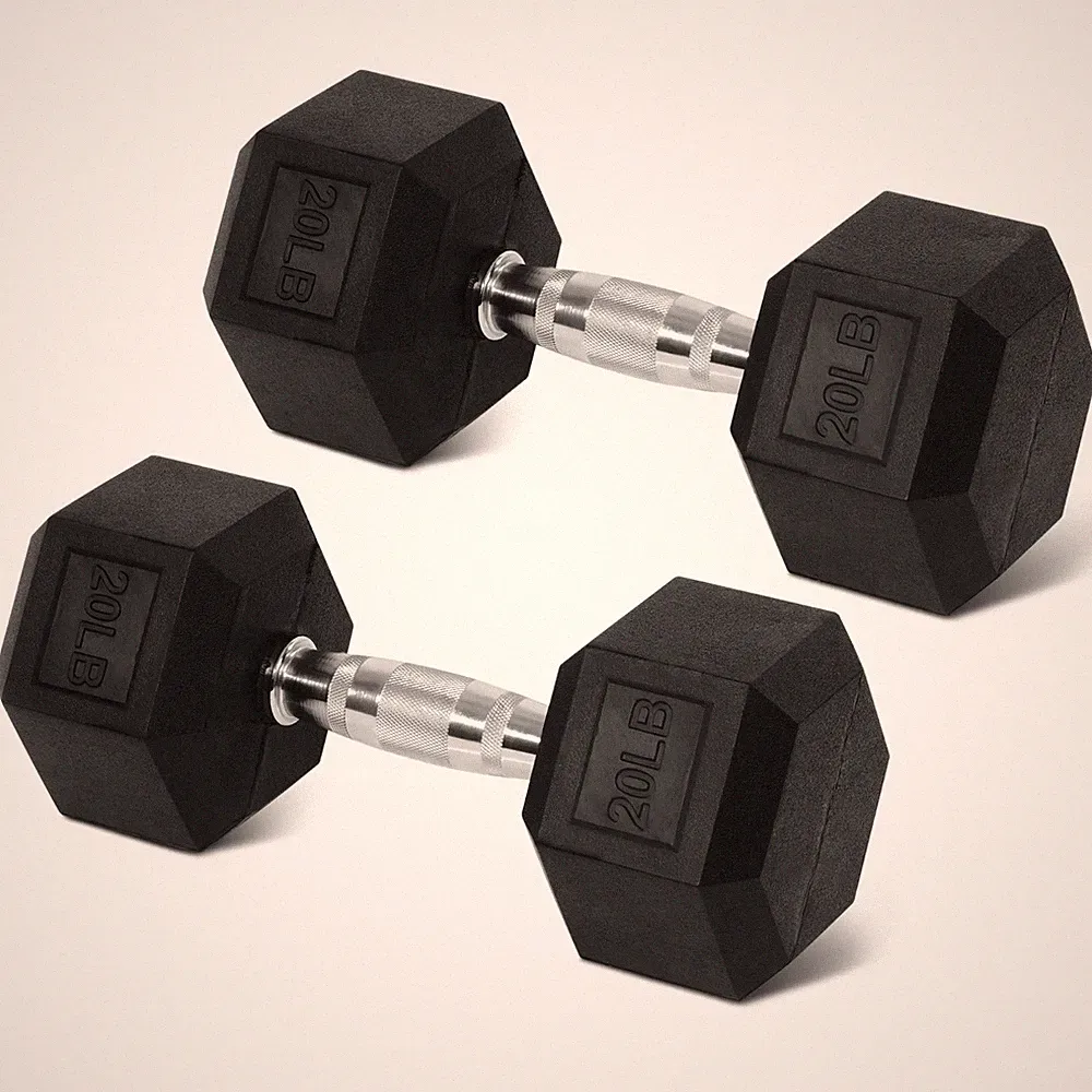 FlexWave Rubber Encased Hex Dumbbells, 20 lbs Pair, Black
