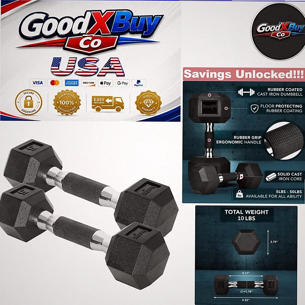 FOR Amazon Chrome Rubber Grip Hex Dumbbells 10-30 lbs Pair Non-Slip Cast Iron...