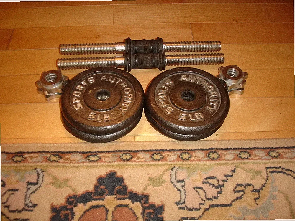 FOUR 5 LB Sports Authority Barbell Weight Plates w/2 Handles & 4 Collars 20 LBS