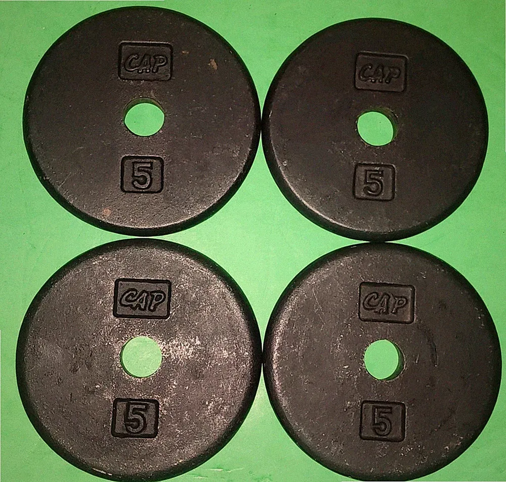 Four Vintage Cast Iron CAP 5 lb Barbell / Dumbbell Weight Plates Pancake