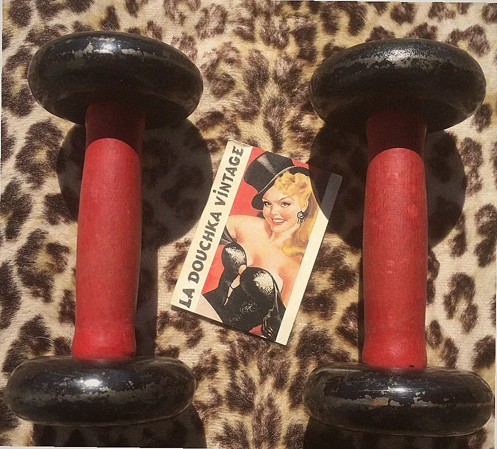 FRENCH 1920s DUMBBELLS WEIGHTS PAIR~WOOD/CAST IRON~1.5 KILO EACH~MADE IN FRANCE