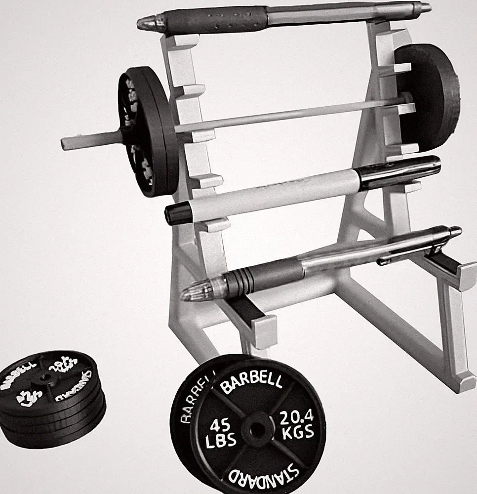 Funny Barbell Pen Holder Mini Squat Rack Ornaments W/ 4pcs Weight Plates Barbell