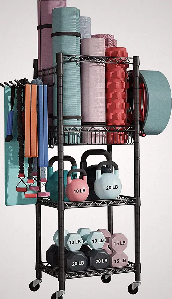 FUTASSI Home Gym Storage, 3 Tiers Workout Equipment Organizer with Wheels for Yo