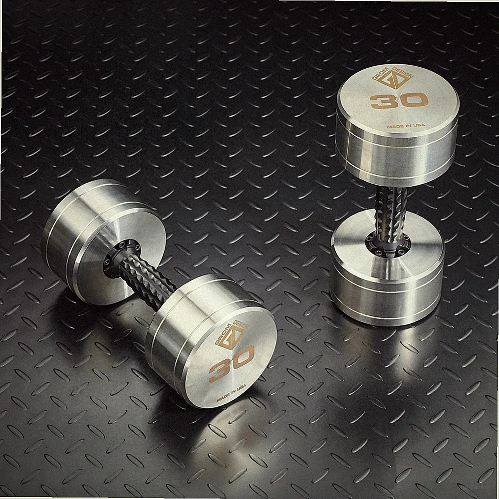 Grom Design Dumbbells Gym Weights Made in USA, Stainless Steel 30 Pound Pair