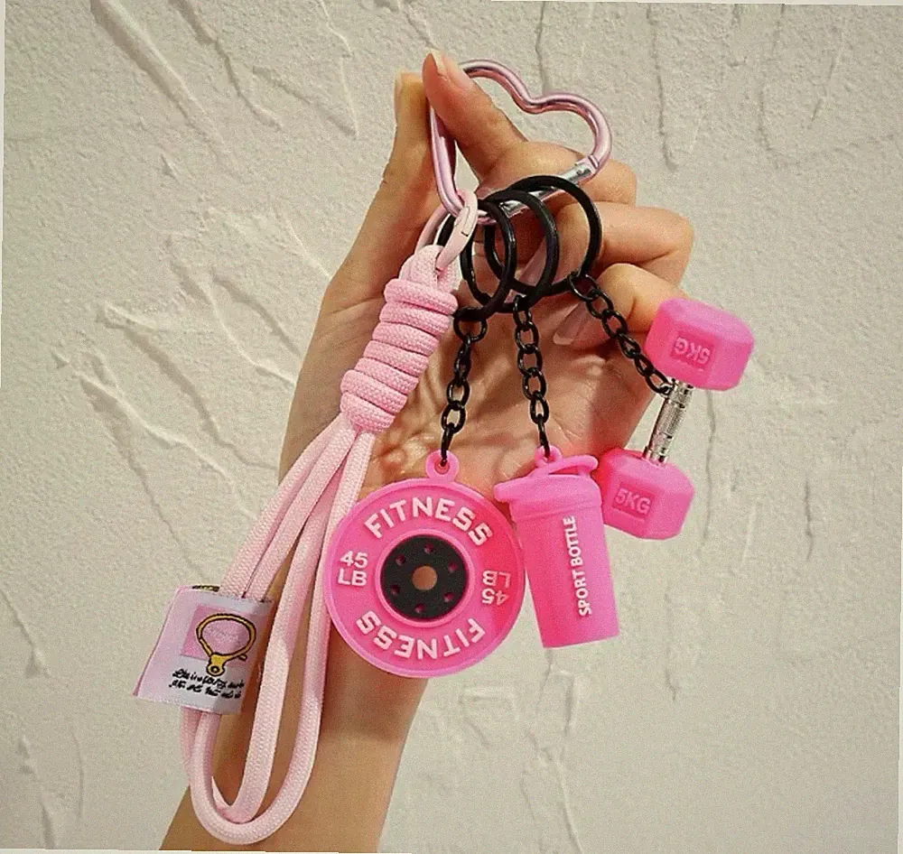 Gym Keychain Set with Rope Bag Charm - Mini Dumbbell Kettlebell & Weight Plat...