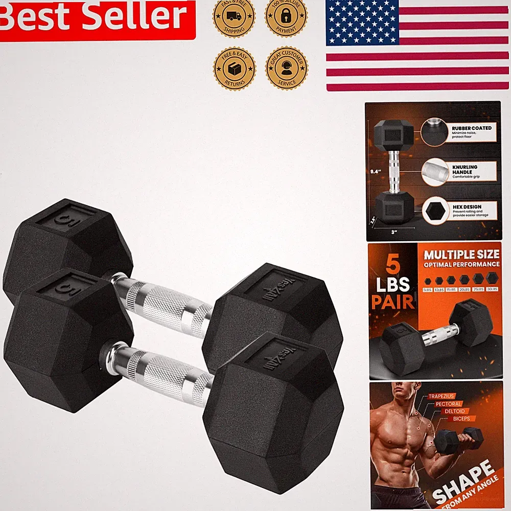 Hand Weights Chrome Grip Rubber Encased No-Roll Hex Dumbbell 10-30 LBS