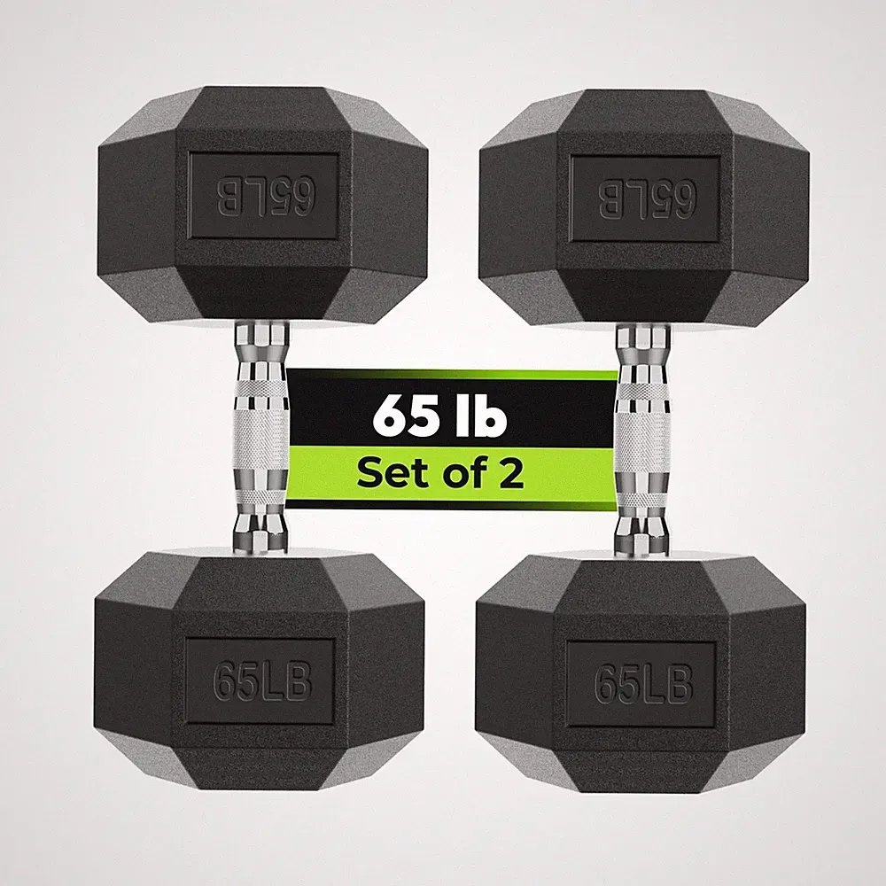 HANDBODE Hex Dumbbell Pair, Rubber Encased Fixed Dumbbells, 65 lb Chrome Handles