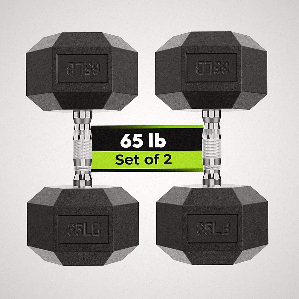 HANDBODE Hex Dumbbell Set, 65 lb Pair Rubber Encased Exercise & Fitness Dumbbell