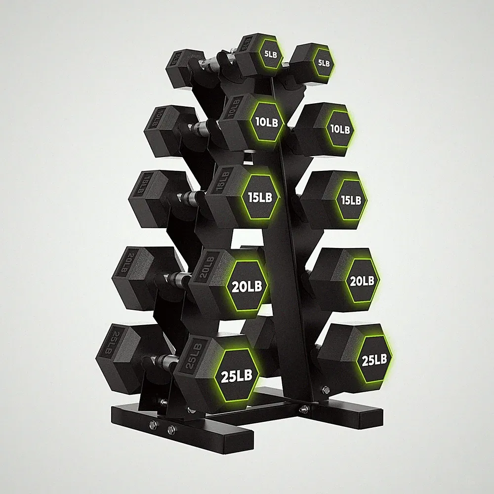 HANDBODE Rubber Coated Hex Dumbbell Set with A-Frame Rack, 100 lb - 550 lb Mu...