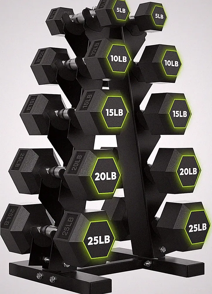 HANDBODE Rubber Coated Hex Dumbbell Set with A-Frame Rack, 100 Lb - 550 Lb Multi