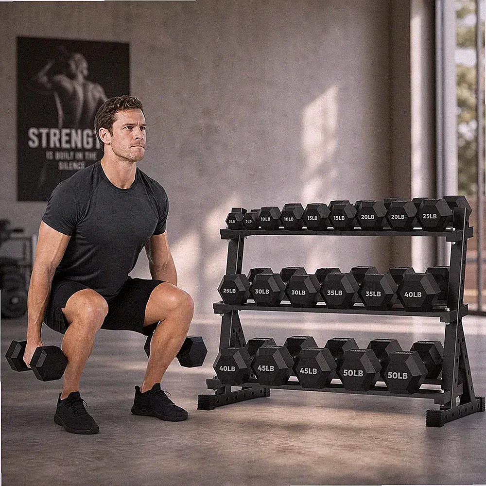 HANDBODE Rubber Coated Hex Dumbbell Set with Rack, 300-840 Lb