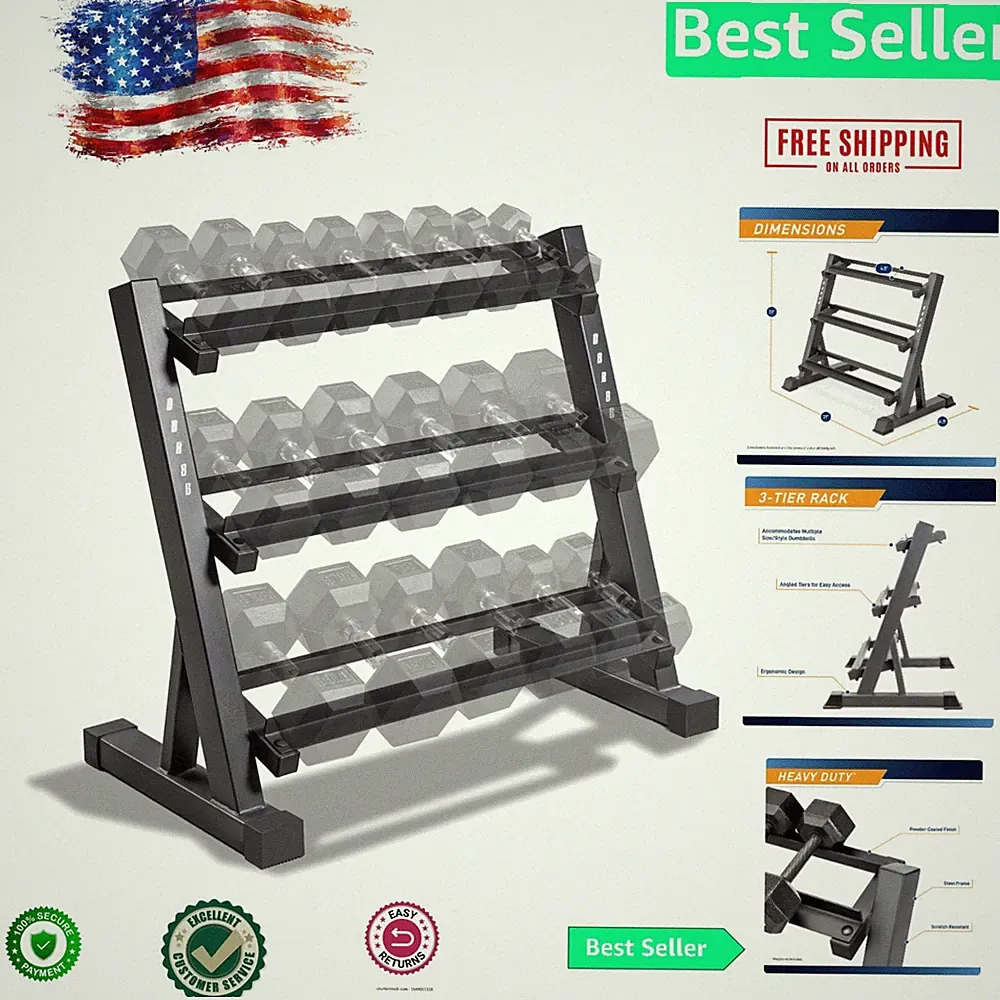 Heavy-Duty Compact 3-Tier Dumbbell Rack - Secure Weight Organizer for Home Gym