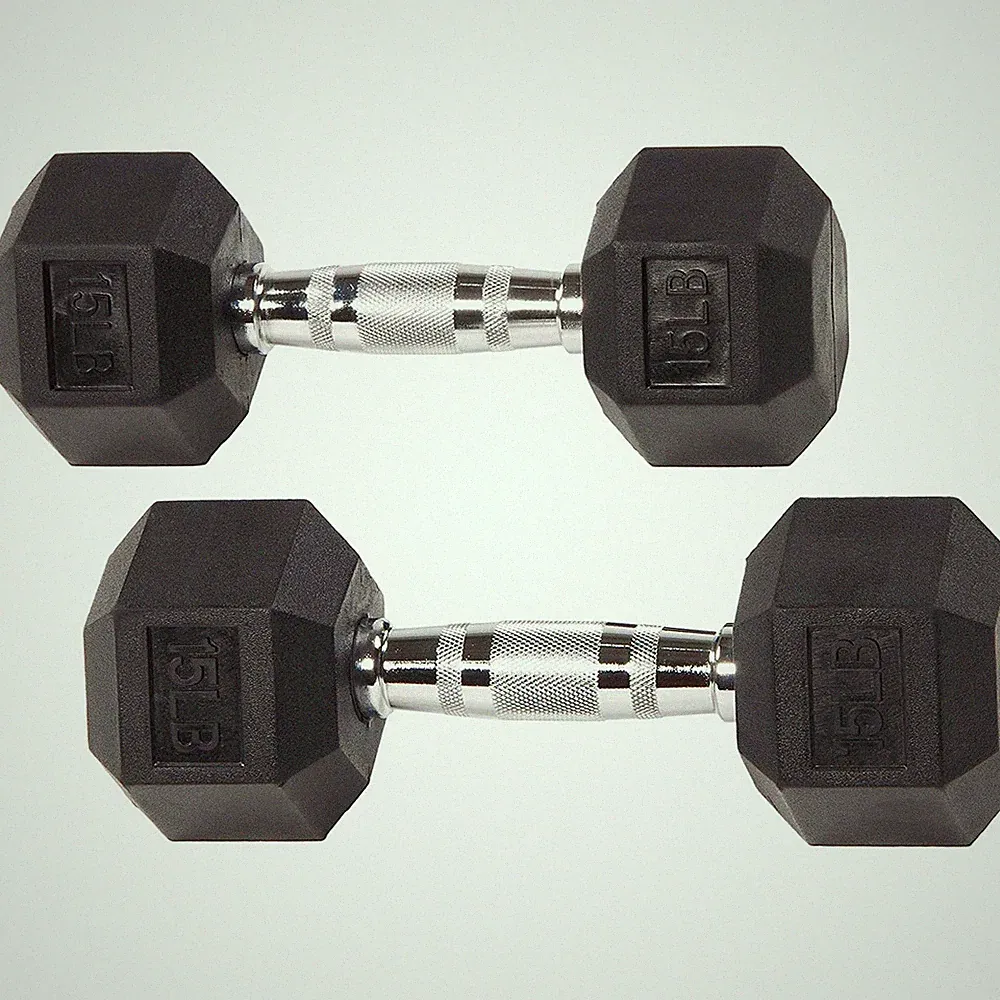 Hex Dumbbell 15LB Pair Black Rubber Encased Premium Fitvids SPZ-HEX15P