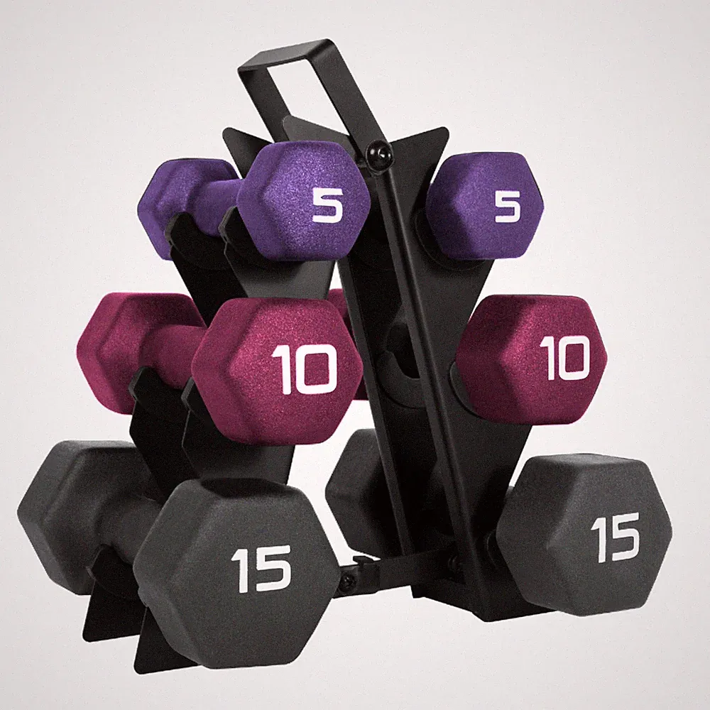 Hex Dumbbell 60 lb Neoprene Weight Set with A Frame Rack CAP Barbell Vertical