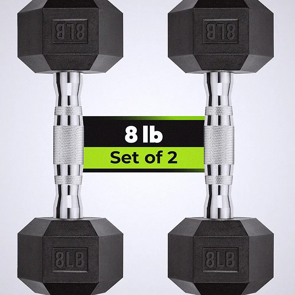 Hex Dumbbell Rubber Encased Strength Training Dumbbells, 8 Lb, Pair, Black