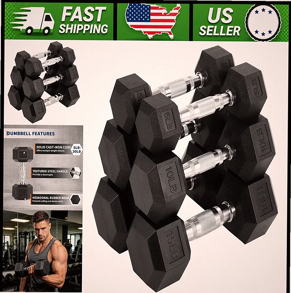 Hex Dumbbell Set 100 lb Total PVC Coated Non-Slip Grip