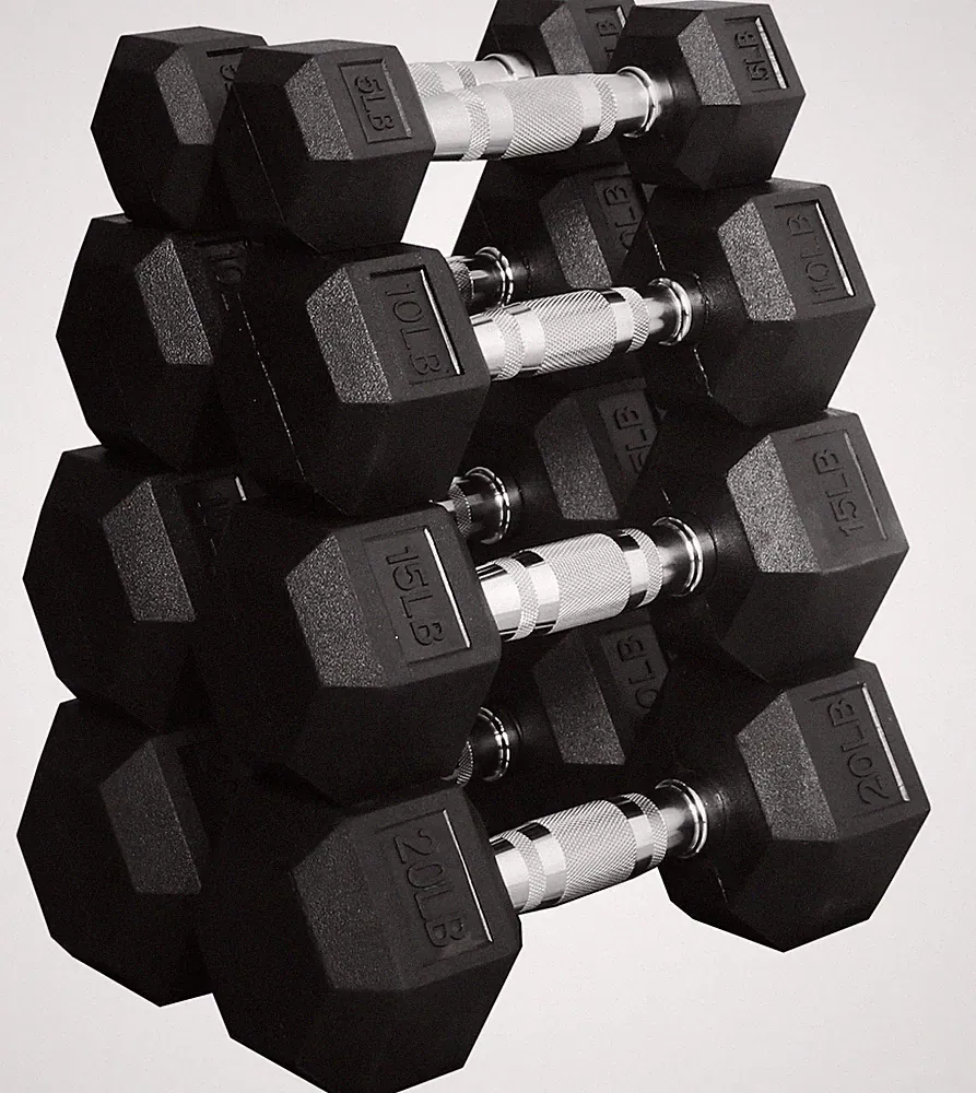 Hex Dumbbell Set 5lb 10lb 15lb 20lb Rubber Encased Compact Home Workout Gym