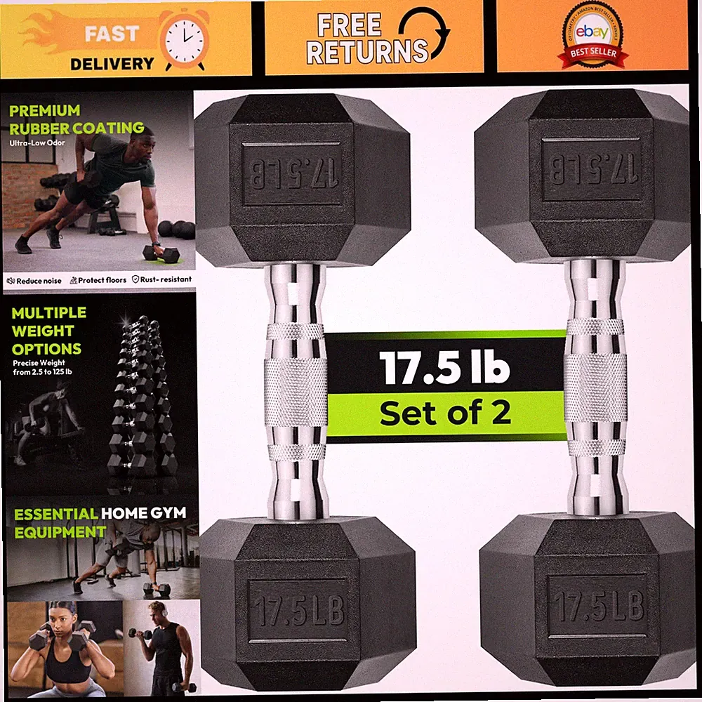 Hex Dumbbell Set of 2 - Rubber Encased Fixed Weights, Adjustable 2.5-65 lb
