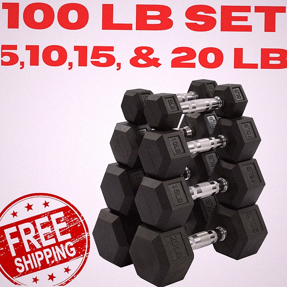 Hex Dumbbell Set Rubber-Coated Complete 100lb Heavy Set Pairs Weight Training