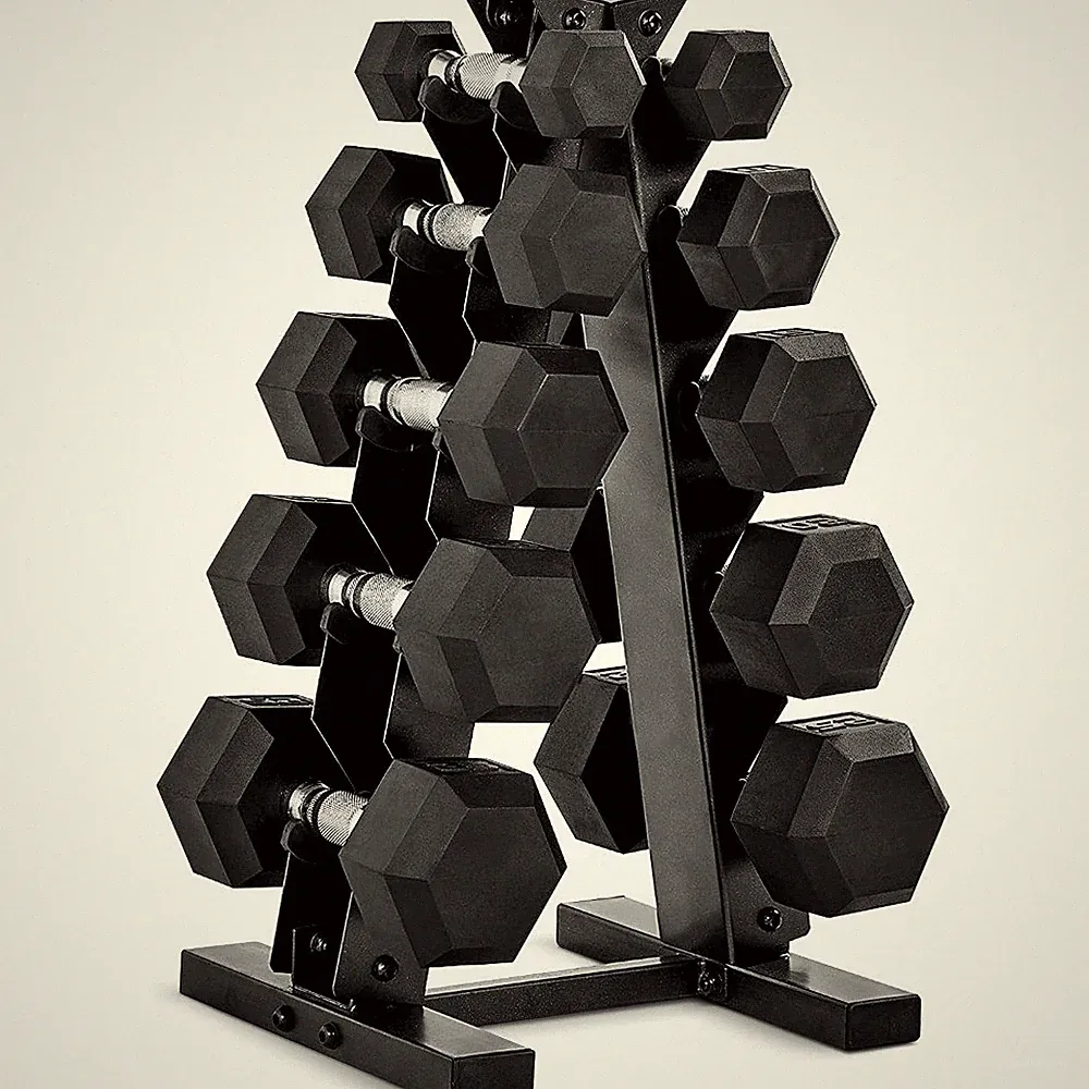 Hex Dumbbell Set with Rubber Coating and Vertical Storage Rack Space Saving Home