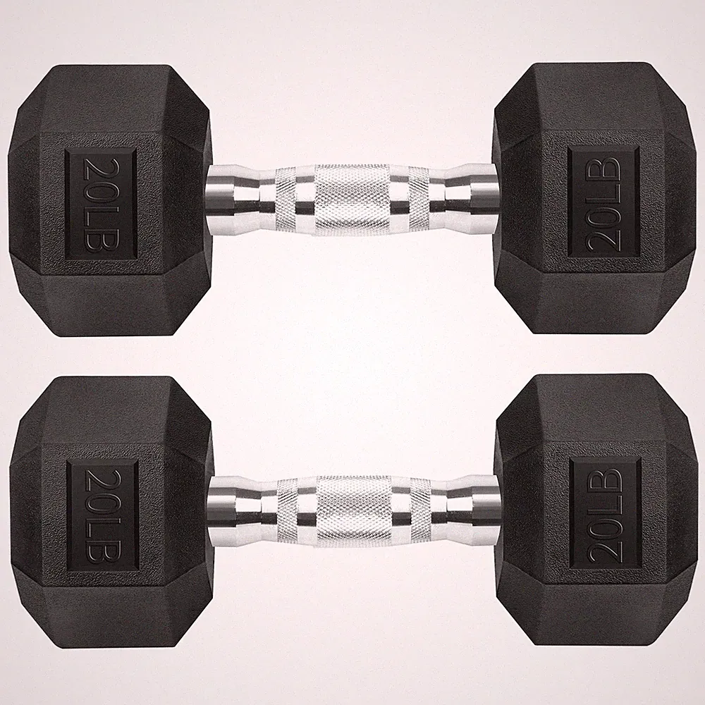Hex Dumbbells Rubber Coated Cast Iron 20 Pounds Pair Black Free Weights