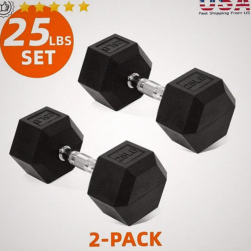 Hex Dumbbells Rubber Encased 25 lb Strength Training Equipment Home Gym Fitness