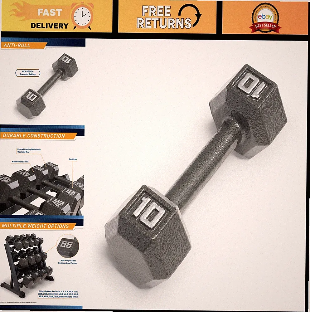 Hex Dumbbells Set - Cast Iron Weight Options 3-100 lbs, Sold Individually, Home