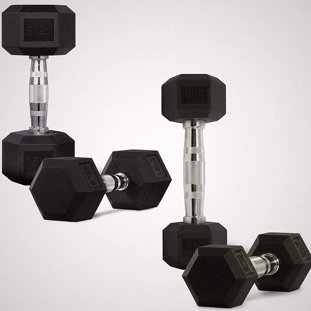 Hex Rubber Dumbbells 2-Pack Set (5-20lb Combo)–Cast Iron Core,Anti-Roll Hex Head