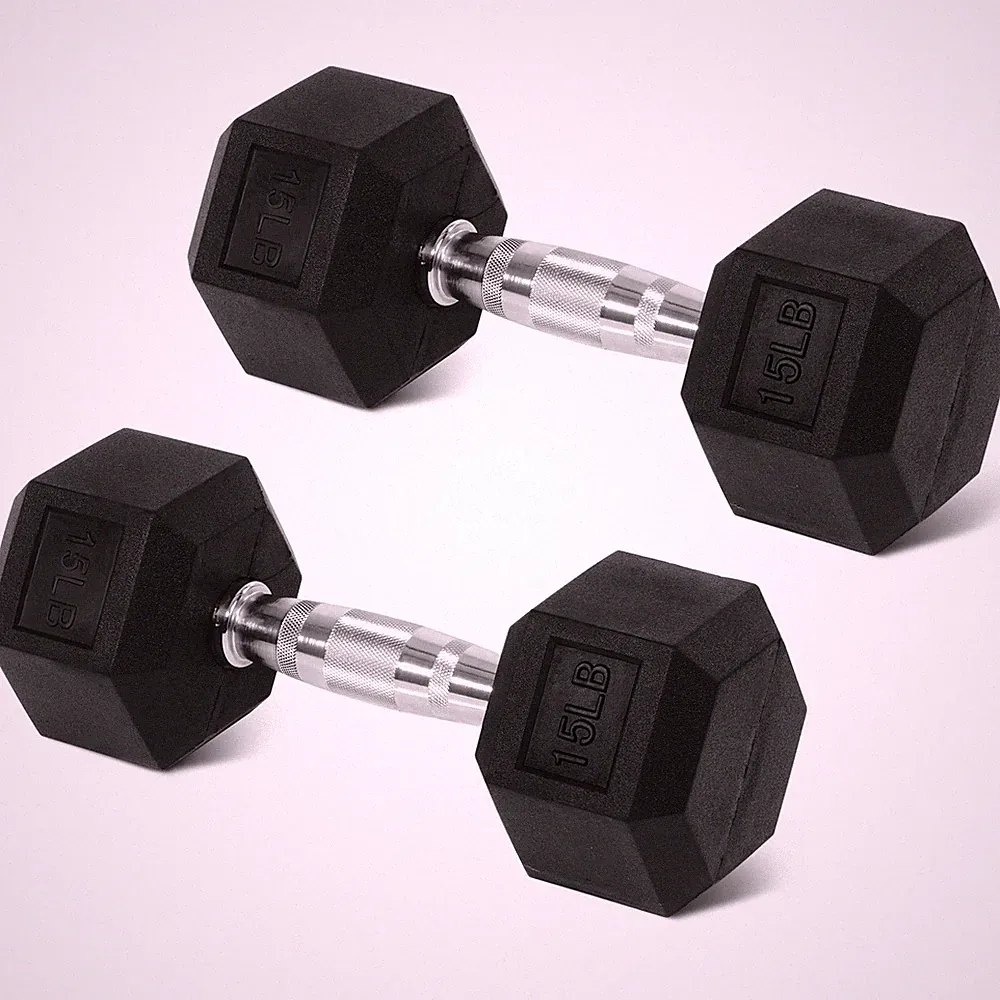Hex Rubber Dumbbells – Black, A pair 15LB, Solid Cast Iron with Non-Slip Grip
