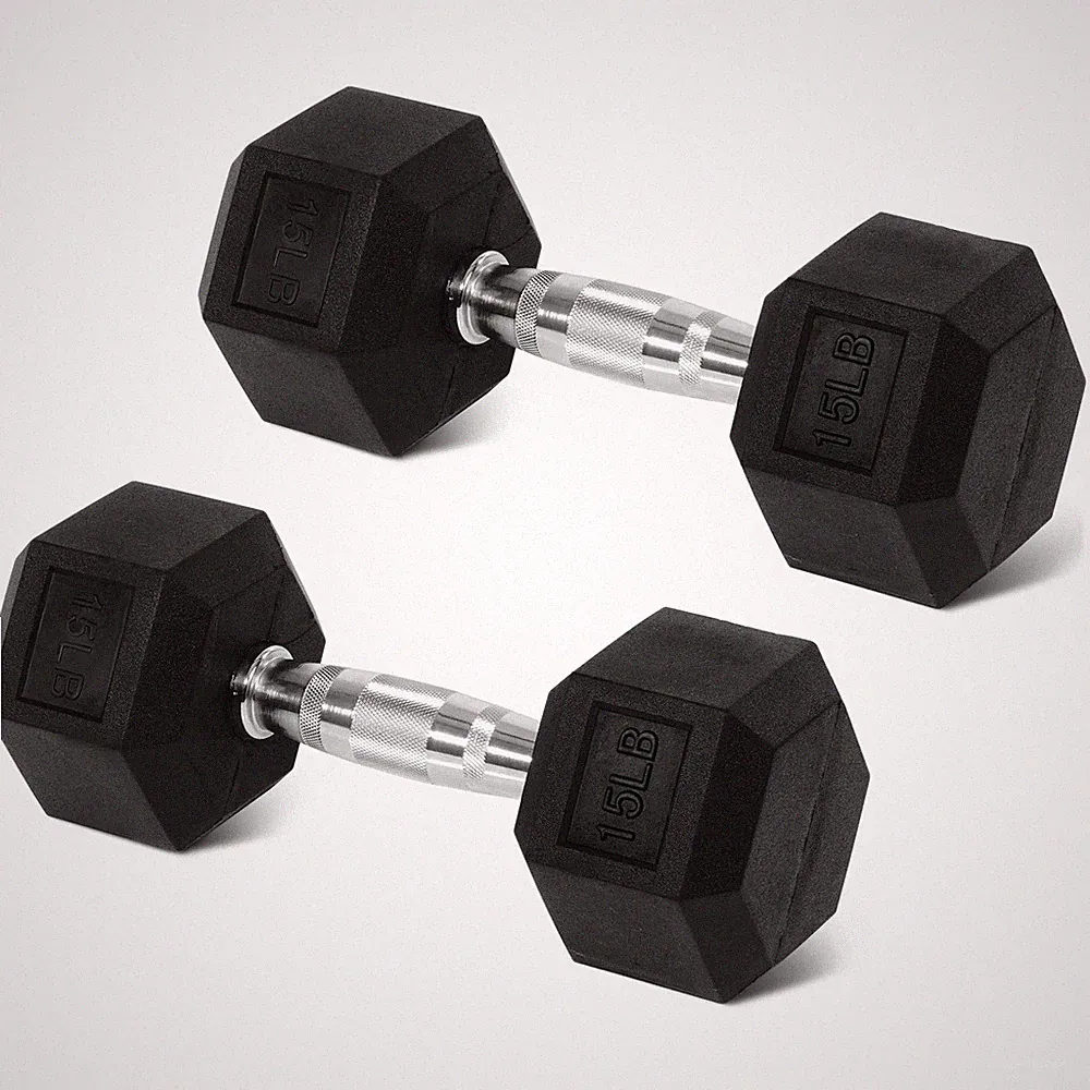 Hex Rubber Dumbbells – Black Single 10/15/20/25LB/Pair 5/10/15LB Solid Cast Iron
