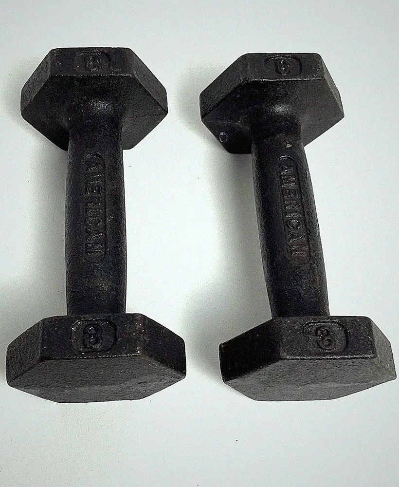 Hex Vintage AMERICAN Barbell Dumbbell Iron Weight PAIR OF 3 LB