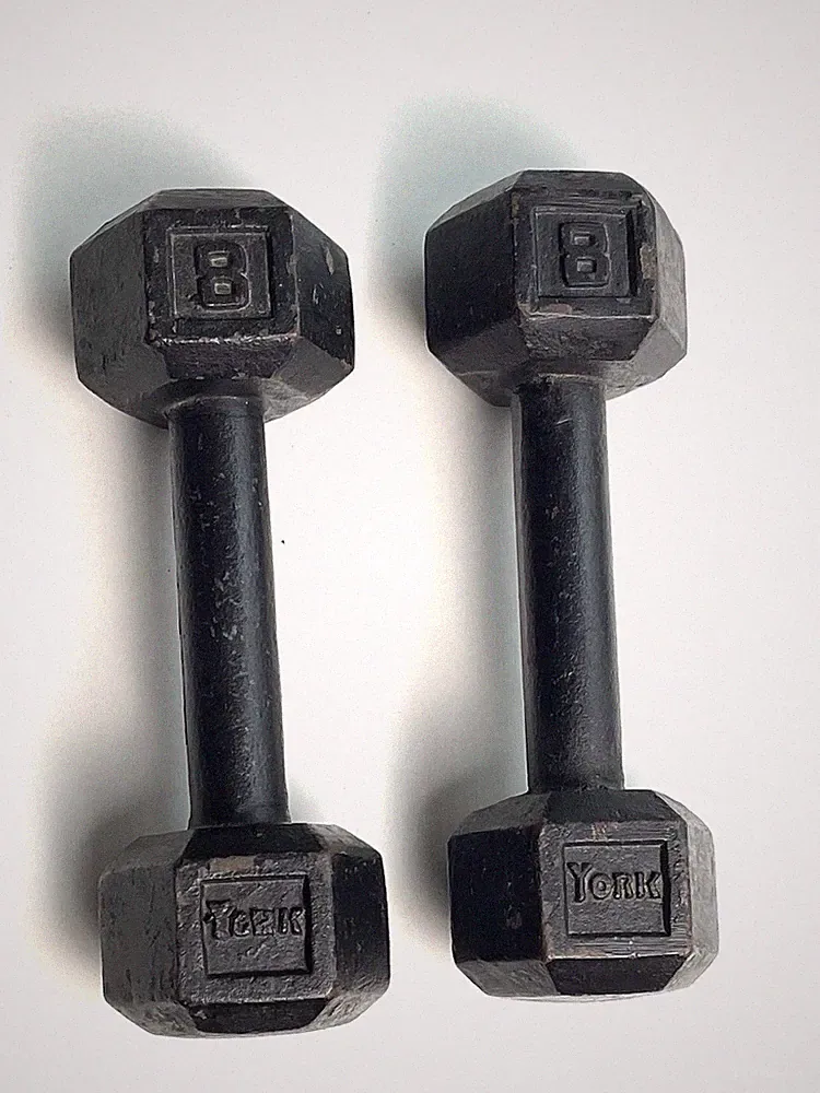 Hex VINTAGE YORK BARBELL DUMBBELLS Iron PAIR OF 8 LB
