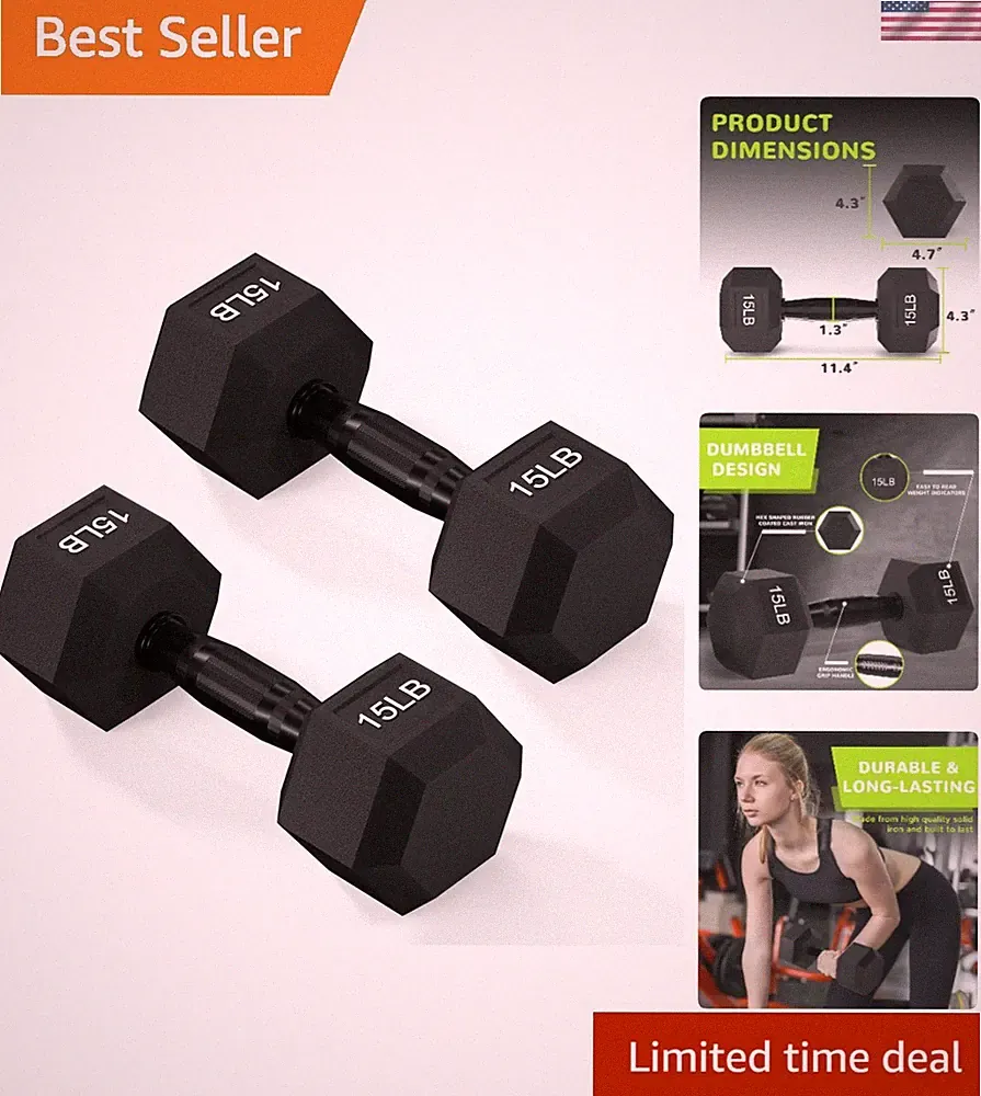 Hexagon-Shaped Rubber Encased Dumbbells with Anti-Slip Handles, 15lb Pair