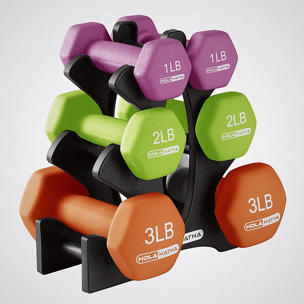 HolaHatha 1, 2 and 3 lb Neoprene Dumbbell Strength Training Weight Set with Rack