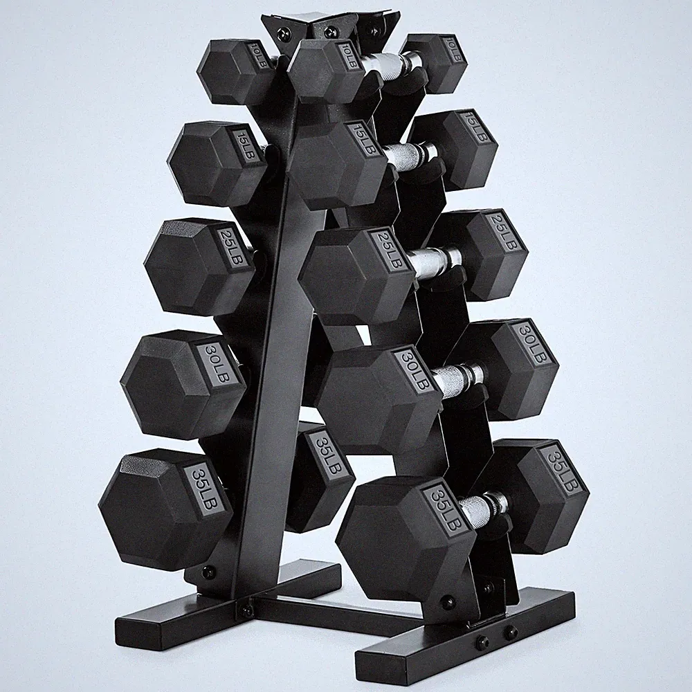 HolaHatha 10, 15, 25, 30 & 35 Lb Hexagonal Dumbbell Weight Set w/ Rack, Black