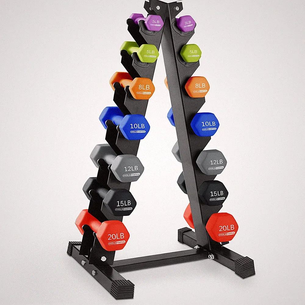 HolaHatha 146 Pound Neoprene Dumbbell Full Body Weight Set with Storage Rack