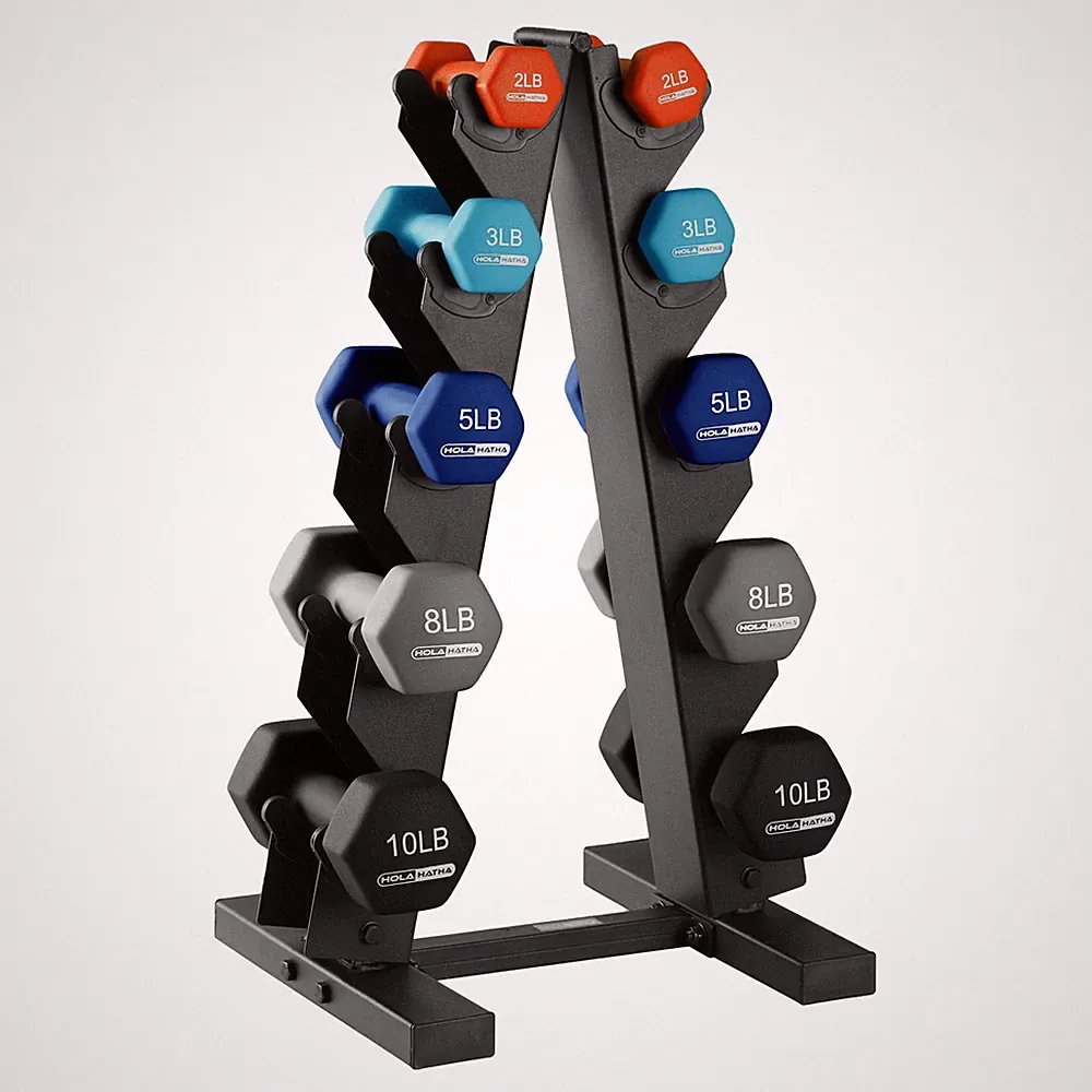 HolaHatha 2, 3, 5, 8 & 10 Pound Neoprene Dumbbell Weight Set with Storage Rack