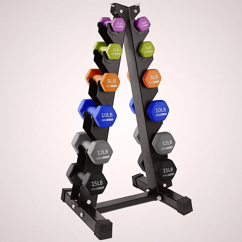 HolaHatha 3, 5, 8, 10, 12 & 15 Pound Neoprene Hex Dumbbell Weight & Storage Rack