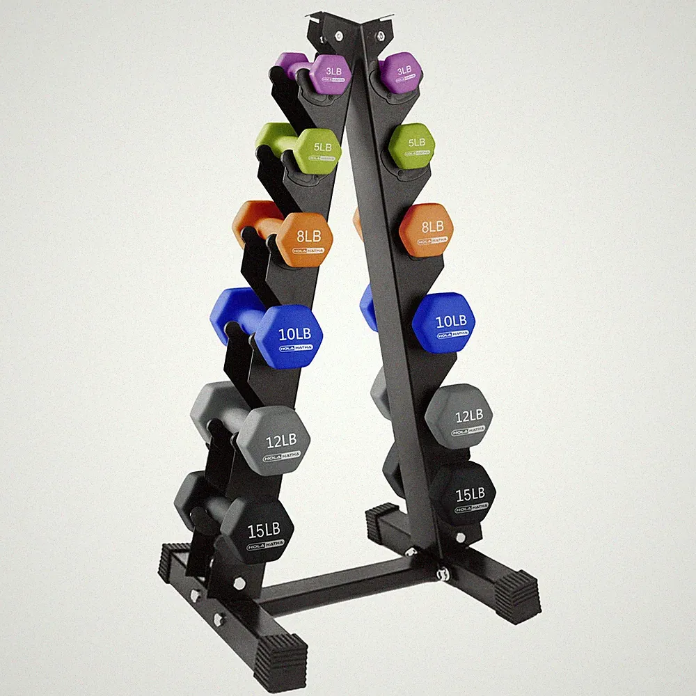 HolaHatha 3, 5, 8, 10, 12 & 15 Pound Neoprene Hex Dumbbell Weight & Storage Rack