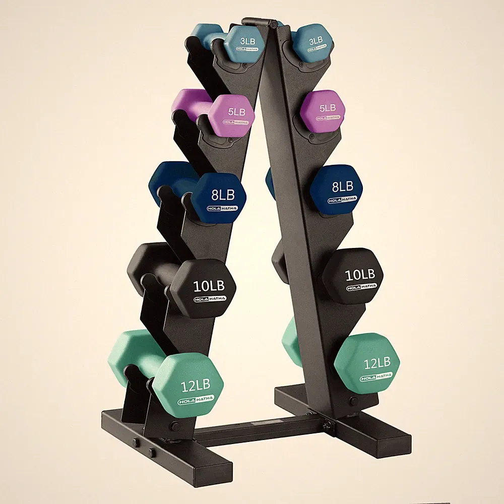 HolaHatha 3, 5, 8, 10 & 12 Pound Neoprene Dumbbell Weight Set with Storage Rack