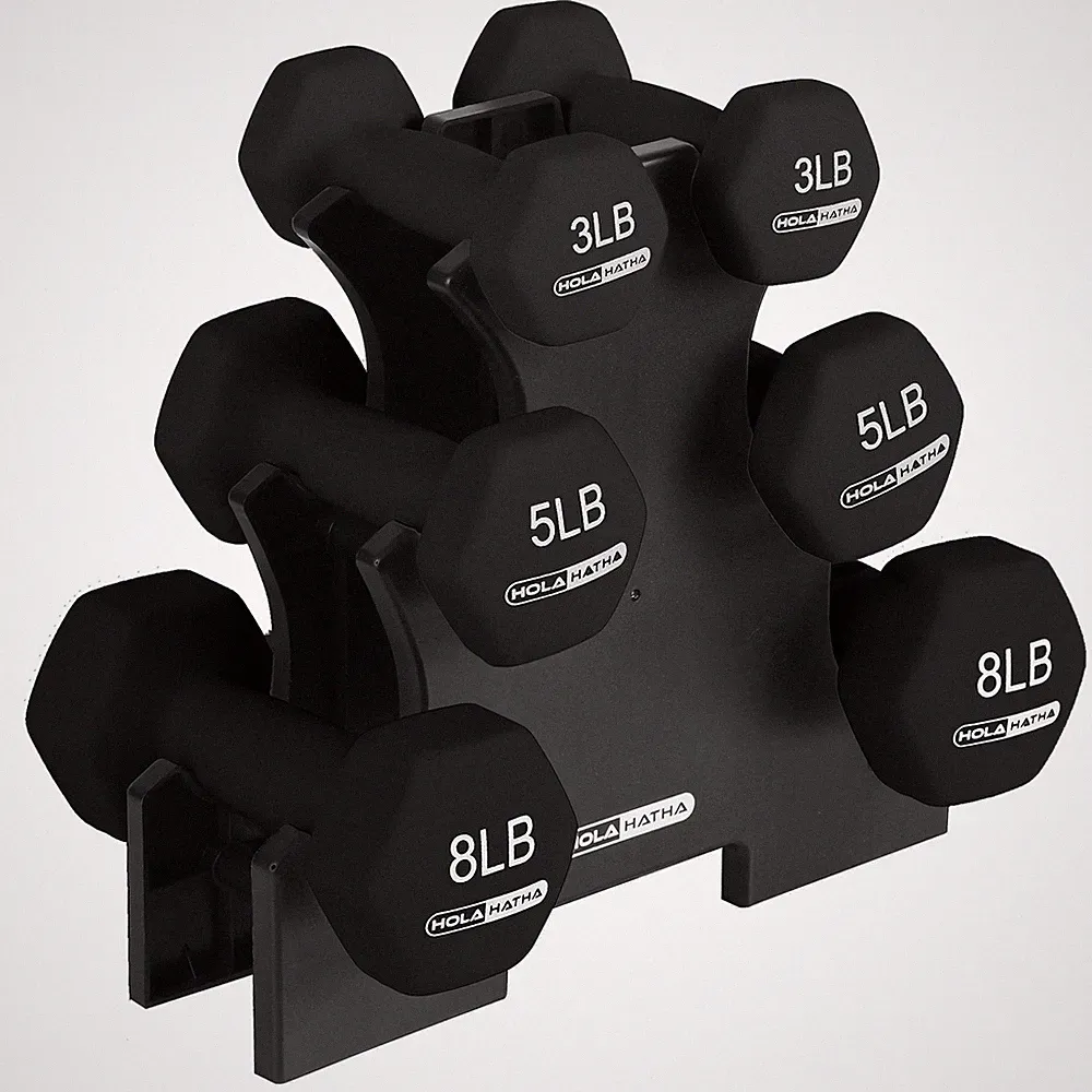 HolaHatha 3, 5 & 8 Pound Hex Dumbbell Hand Weight Set with Storage Rack, Black