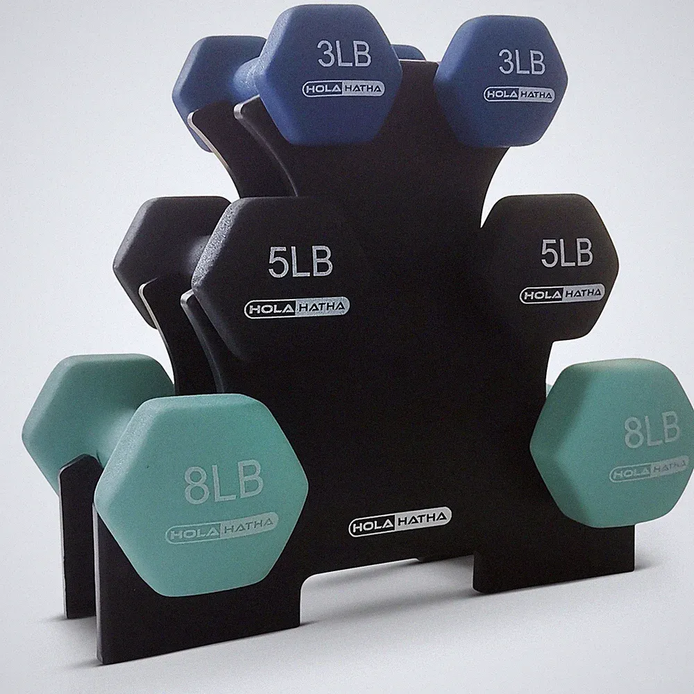 HolaHatha 3, 5, and 8 Pound Dumbbell Hand Weight Set with Storage Rack, Multi