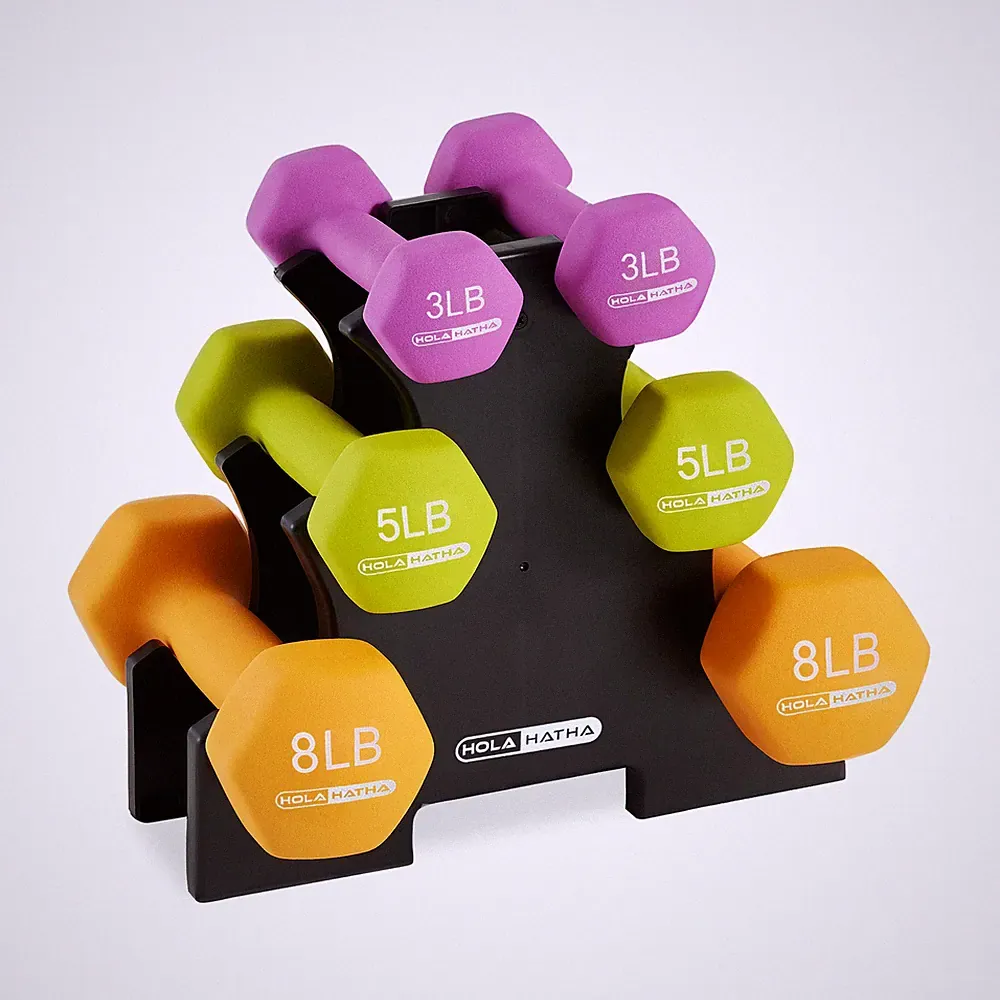 HolaHatha 3, 5 and 8 Pound Neoprene Dumbbell Strength Training Weights Set Rack