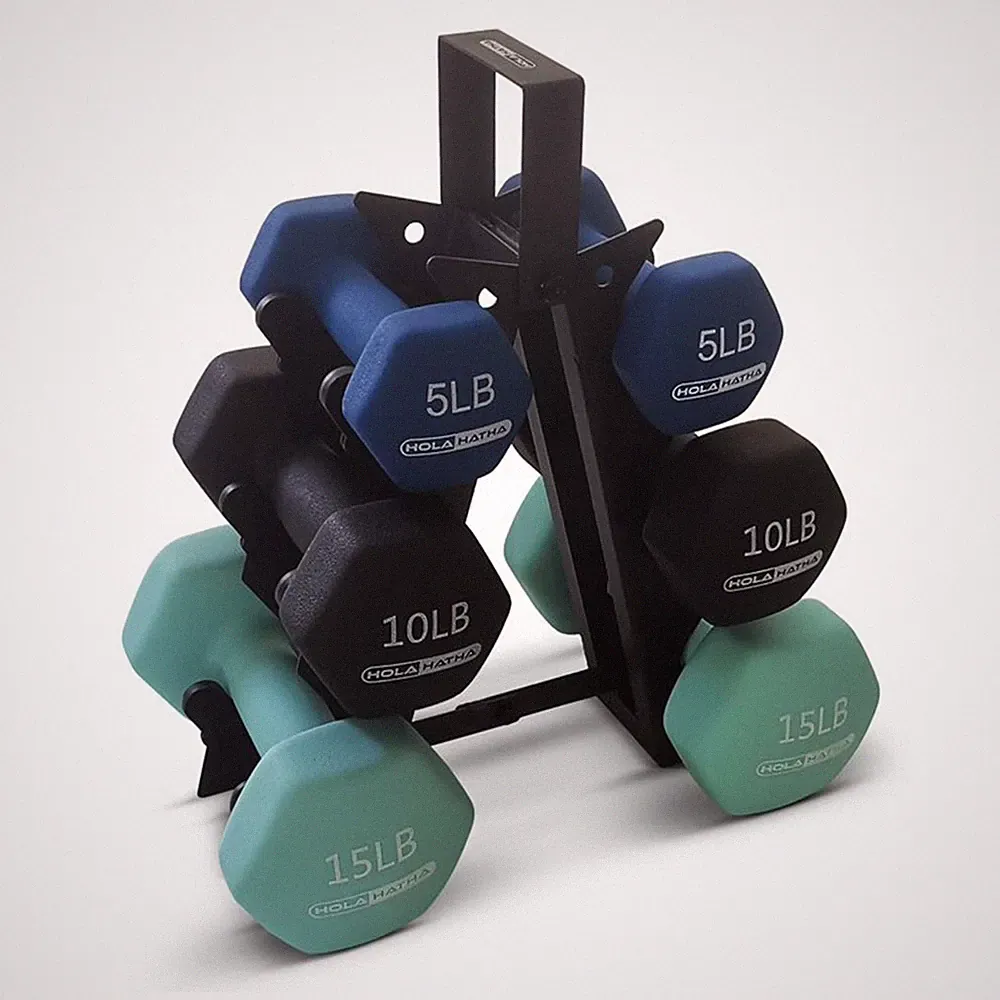HolaHatha 5, 10, and 15 LB Neoprene Dumbbell Free Hand Weight Set w/ Rack, Multi